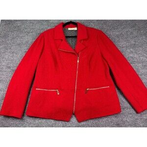Chico’s Red Waffle Knit Jacket Size 3 XL Lined Moto Style Gold Zip Pocket